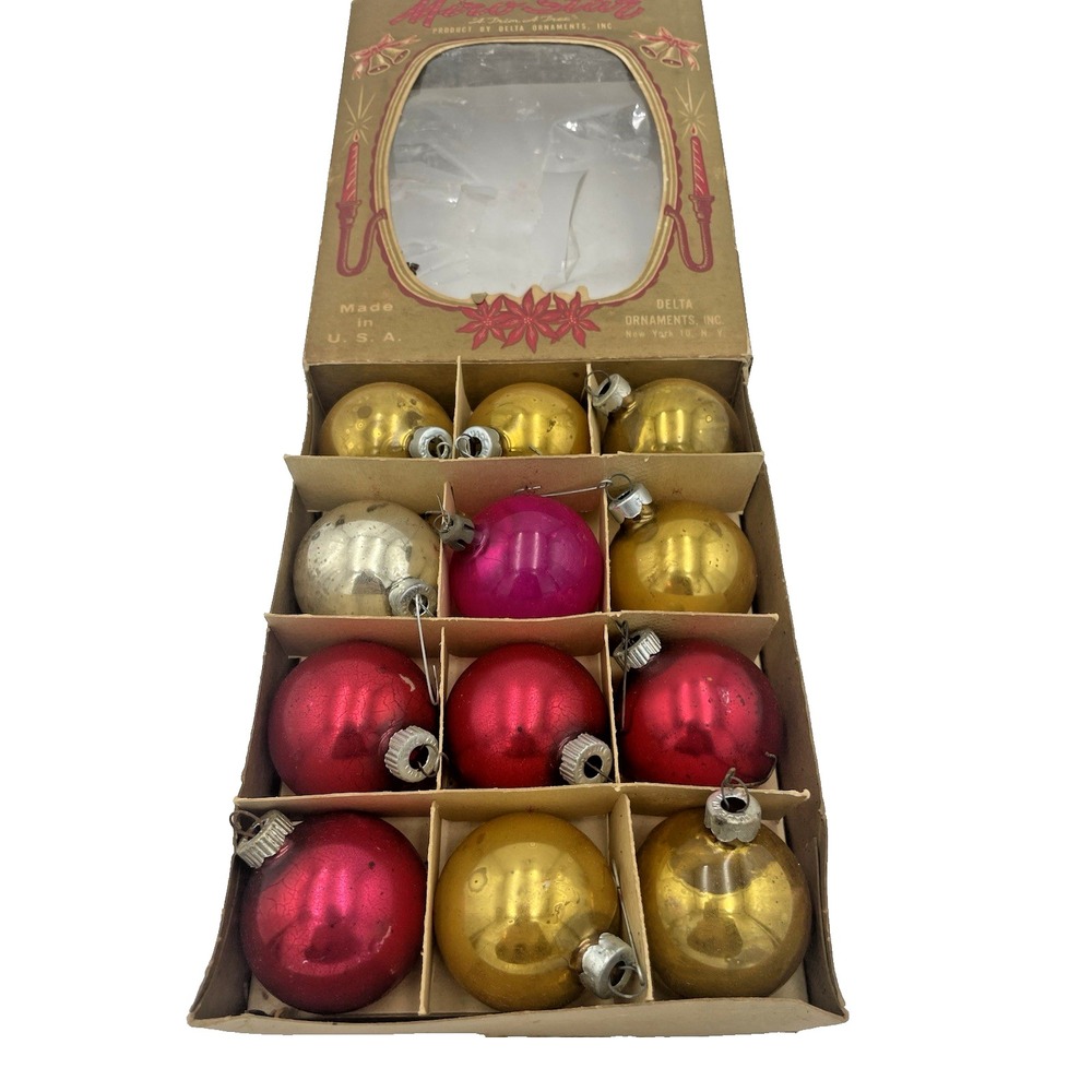 Box of 12 Vintage Glass Ball Christmas Ornaments‎ 2" Balls Miro Star Delta